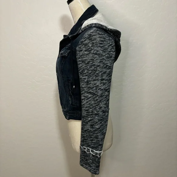 Free People Distressed Denim Jean Knit Sweatshirt Hoodie Jacket size XS - Picture 10 of 13